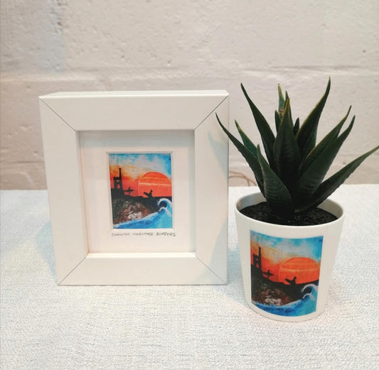 Cornish Heritage Surfers Art Mini Frame And Mini Faux Cacti Pot