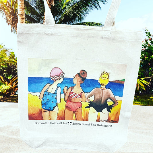 Beach Bums! Sea Swimmers Art Tote Bag! With gusset for added space. Printed using Uk company. 100%Cotton and Fair trade certified.