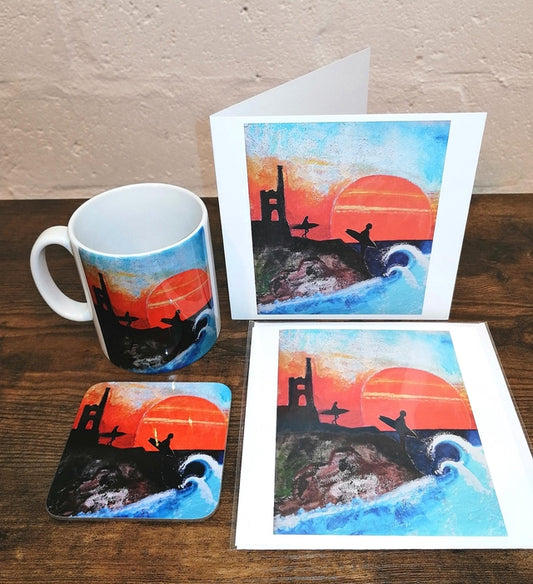 Cornish Heritage Surfers Art Card And Mug/Coaster Gift Set